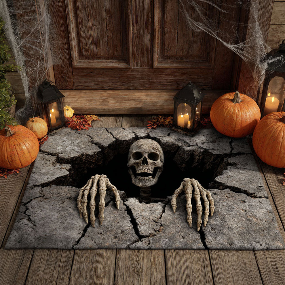 American Horror 3D Style Zombie Breaking Through & Cracked Ground Pattern Halloween Doormat with Non-Slip Backing & Realistic Visual Effect | Prank & Trick
