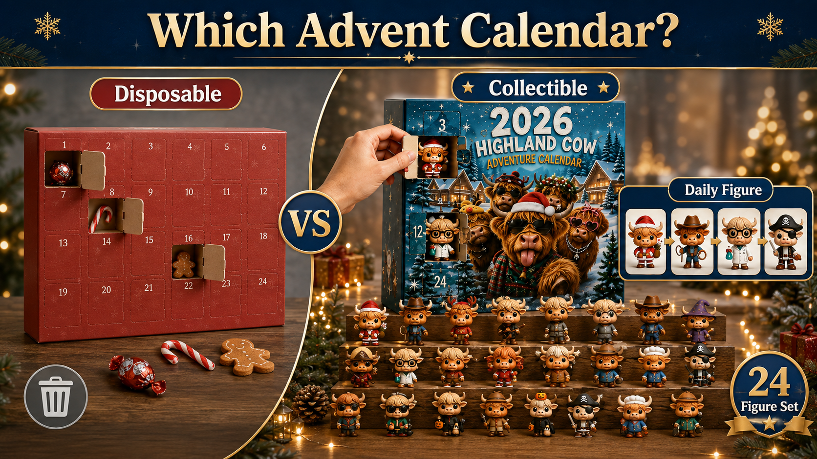Suggested comparison graphic: ordinary disposable Advent Calendar versus Highland Cow collectible Advent Calendar, emphasizing daily mini-figure reveals and display after Day 24