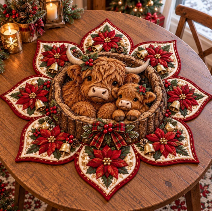 Mother & Calf Highland Cow Christmas Quilted Table Topper