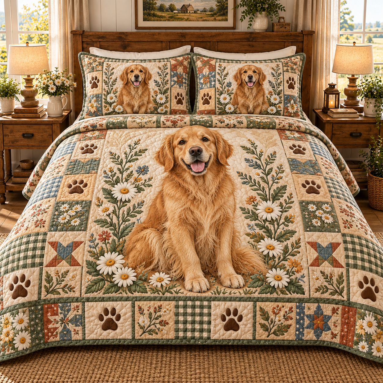 Golden Retriever Sage Green Daisy Patchwork Quilted Bedding 3 Piece Set