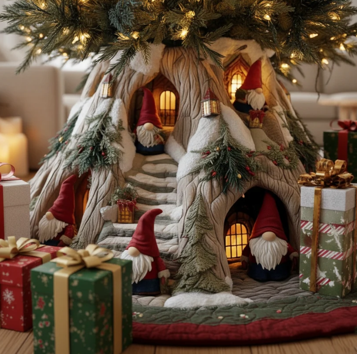 Snowy Gnome Village Quilted Christmas Tree Skirt