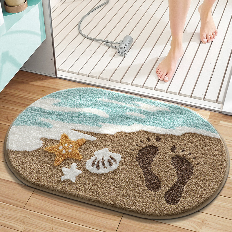 🔥 Last Day 45% OFF – Coastal Sandy Beach Faux Cashmere Flocked Rug – 3D Ocean Footprint Non-Slip Bath Mat