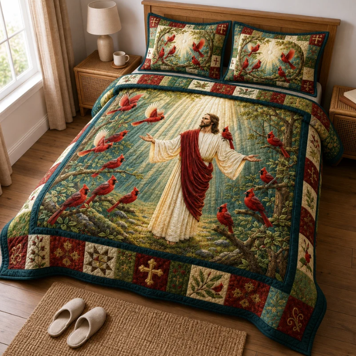 Jesus & Cardinals 3-Piece Quilted Bedding Set