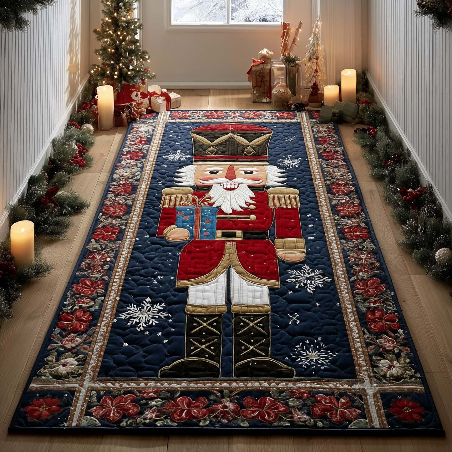 Christmas Nutcracker with Snowflakes Quilted Runner Rug – Festive Nutcracker Quilted Runner Rug