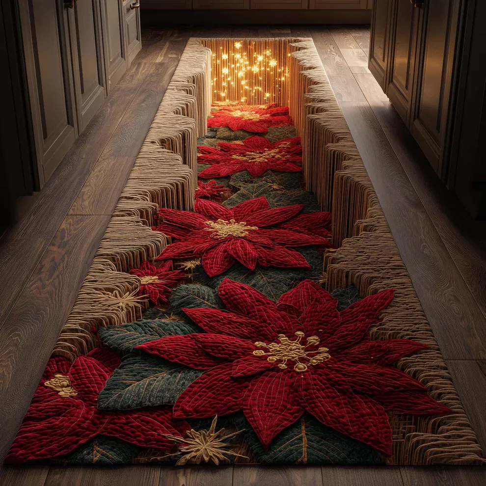 Festive Poinsettia Quilted Runner Rug  | flower