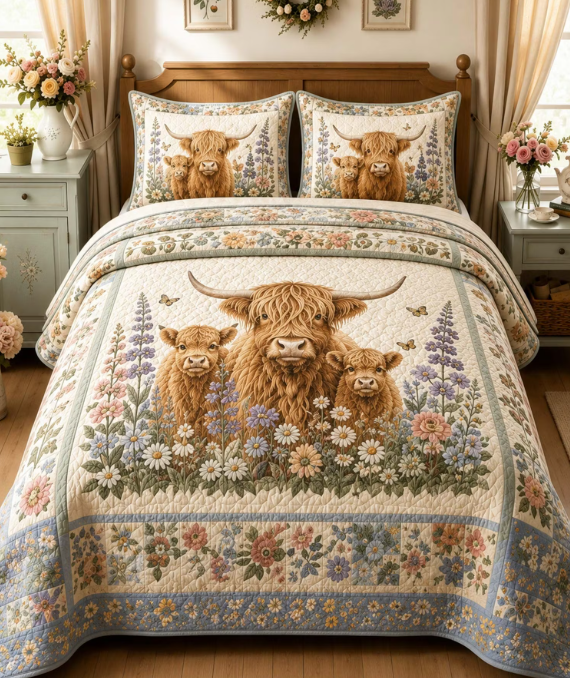 Highland Cow Floral Quilted Bedding 3-Piece Set Vintage Country Bedspread