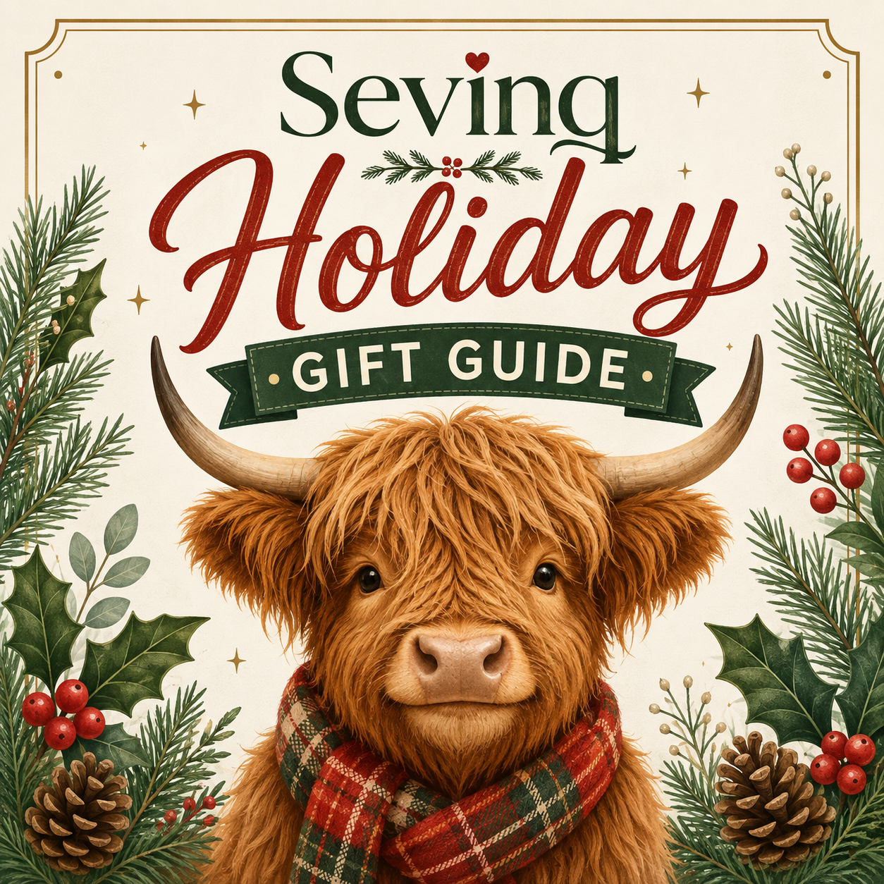 Suggested image: square Sevinq Holiday Gift Guide icon featuring a cute Highland Cow with subtle Christmas greenery