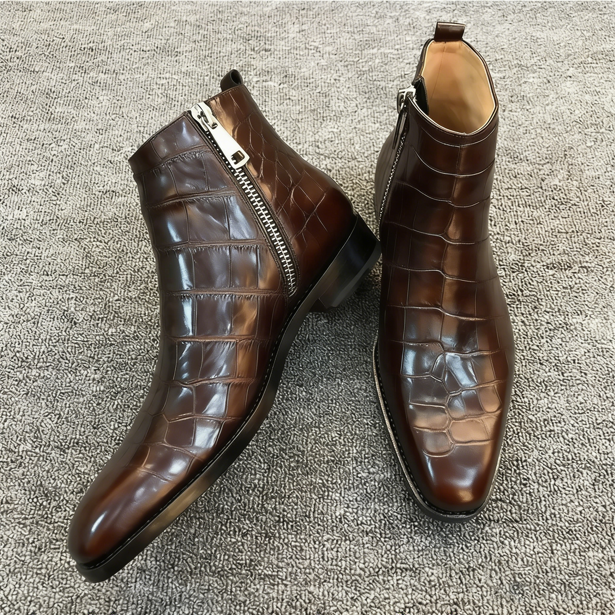 Men's Crocodile Embossed Leather Side Zip Dress Ankle Boots