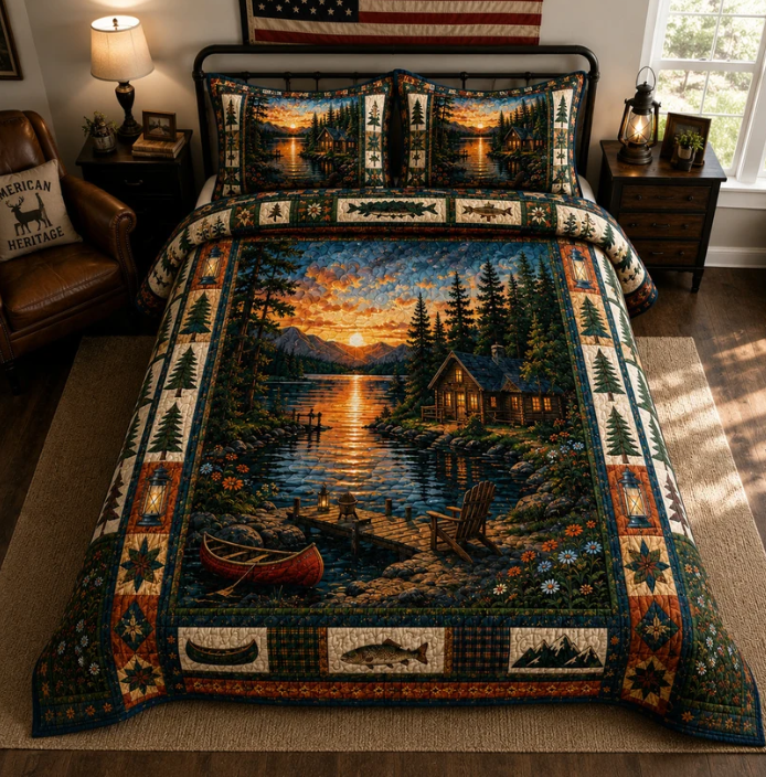 Forest Lake Cabin Quilt Mountain Canoe Landscape Bedspread