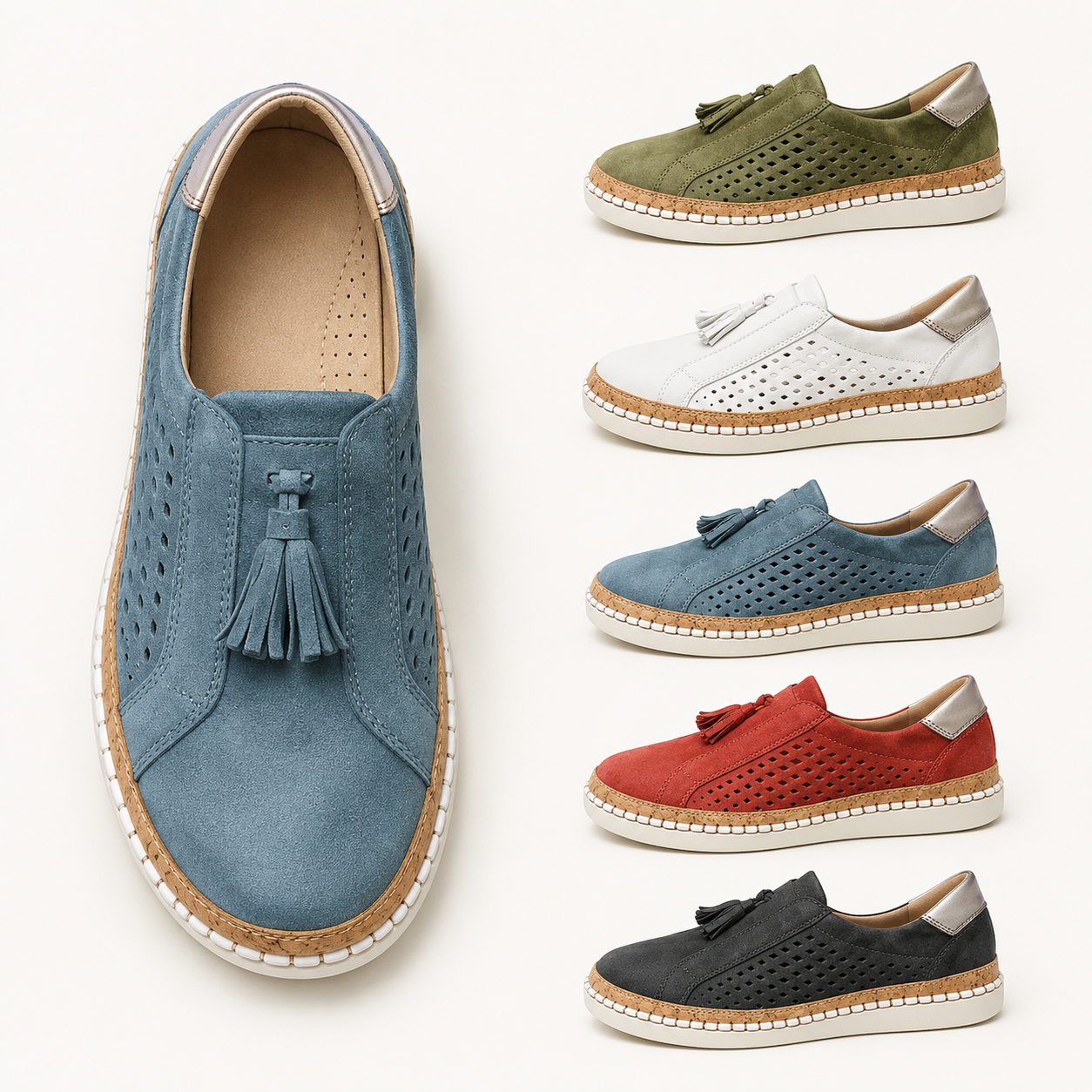 Suggested image: top-view flat lay of the sneakers showing the relaxed round toe shape and extra forefoot room, with Green White Blue Red and Black versions nearby