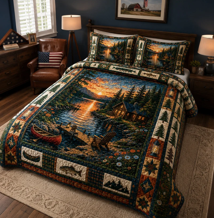 Forest Lake Cabin Quilt Mountain Canoe Landscape Bedspread