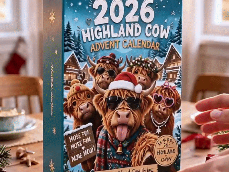 Suggested hero image: 2026 Highland Cow Advent Calendar beside a Christmas tree, showing the box, numbered doors, and several revealed mini cow figurines
