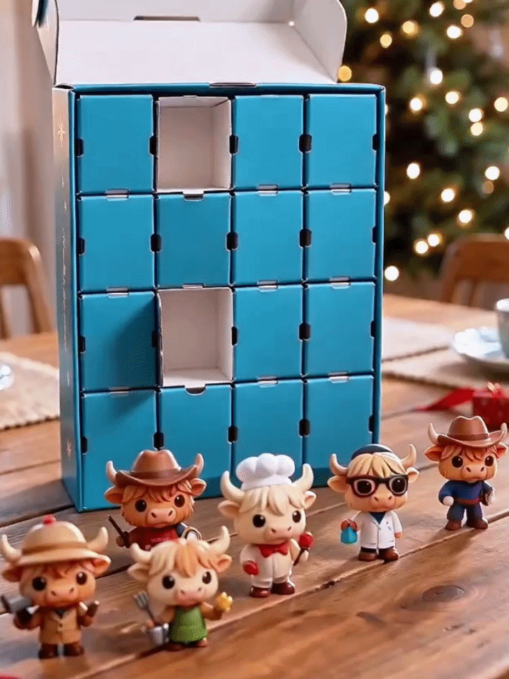 Suggested image: vertical lifestyle photo or GIF of someone opening the Advent Calendar door and adding the new cow to a growing display