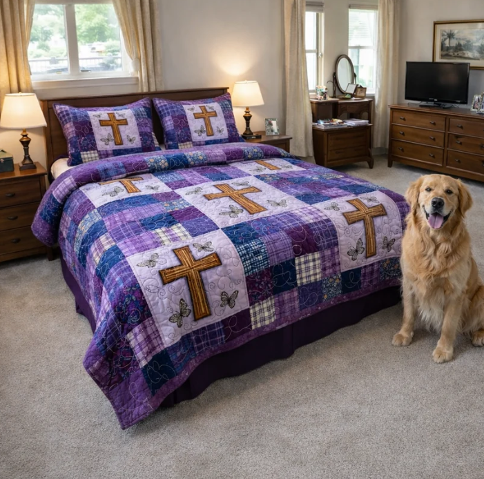 Purple Cross 3-Piece Quilted Bedding Set