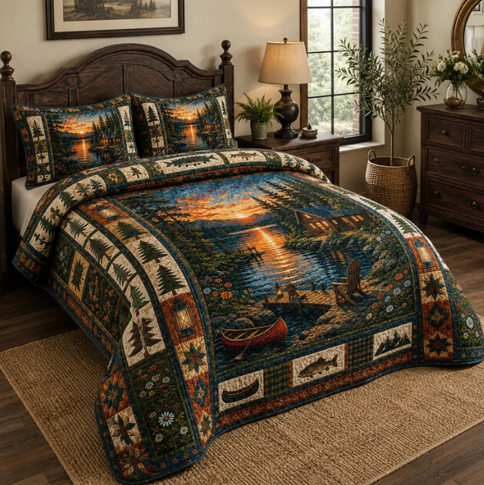 Forest Lake Cabin Quilt Mountain Canoe Landscape Bedspread