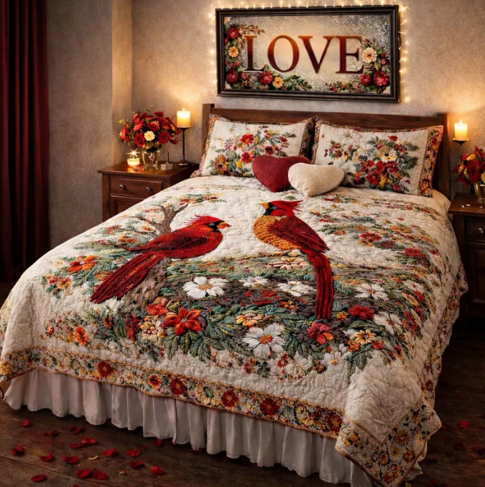 Cardinal Birds 3-Piece Quilted Bedding Set