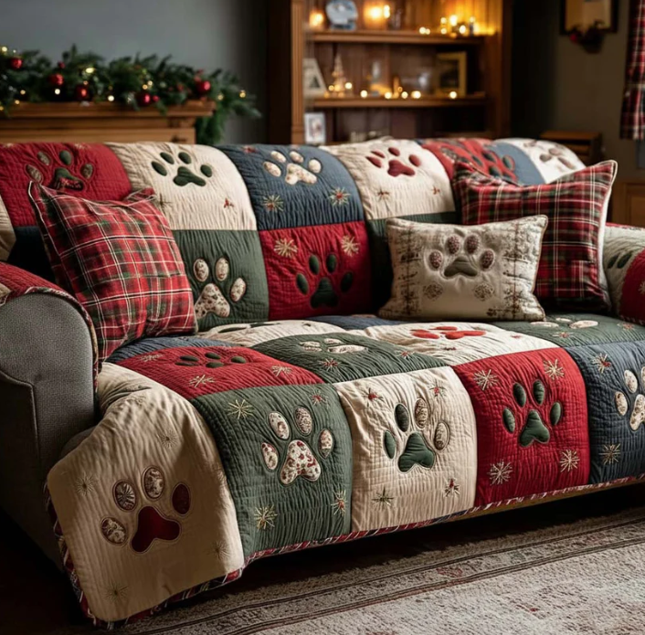 Vintage Blue Pet Paw Sofa Throw, Patchwork Quilted Couch Cover