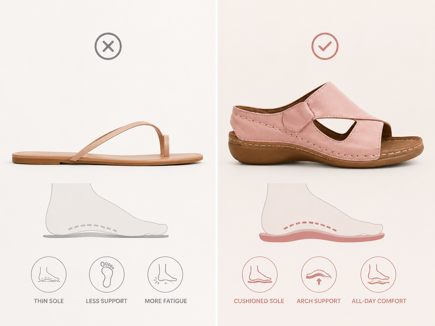 Suggested image: comparison graphic showing a thin flat summer sandal beside a cushioned cross-strap sandal, highlighting thin sole, hard footbed, and narrow toe area