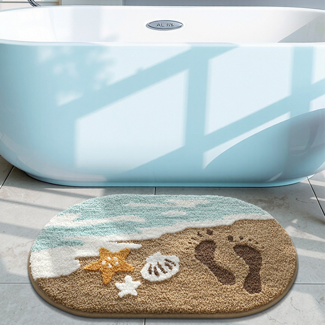 🔥 Last Day 45% OFF – Coastal Sandy Beach Faux Cashmere Flocked Rug – 3D Ocean Footprint Non-Slip Bath Mat