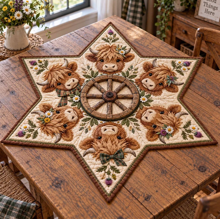 6 Heads Highland Cow Wildflower Star Quilted Table Topper