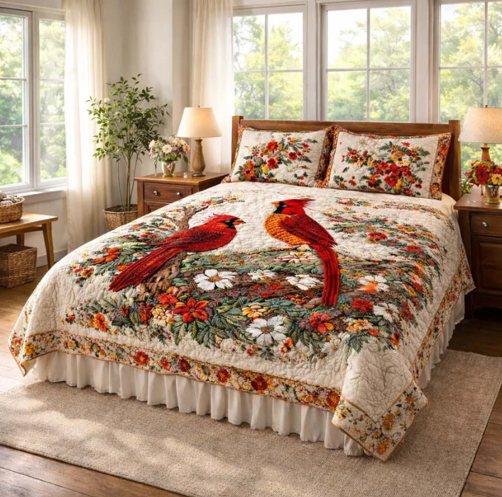 Cardinal Birds 3-Piece Quilted Bedding Set