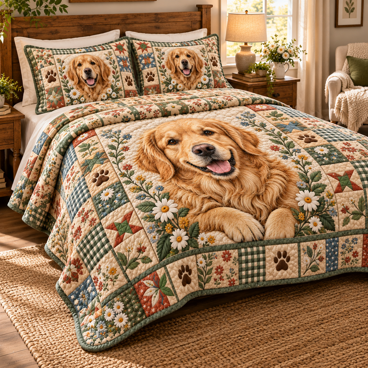 Golden Retriever Floral Patchwork Quilted Bedding 3 Piece Set