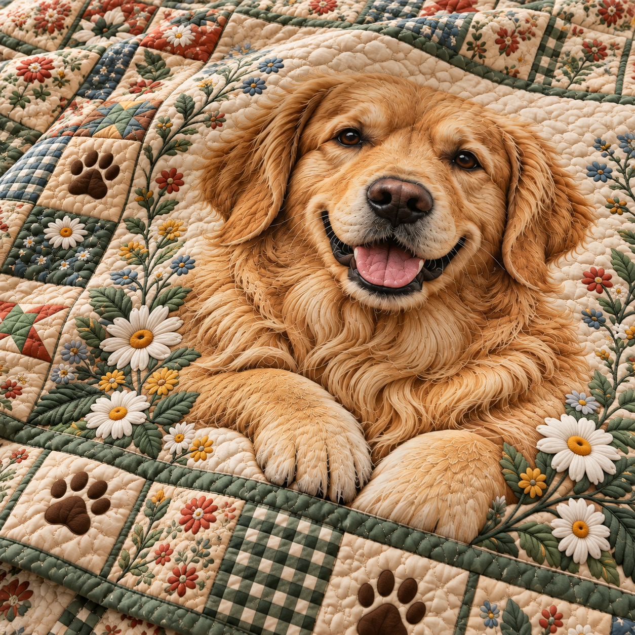 Golden Retriever Floral Patchwork Quilted Bedding 3 Piece Set