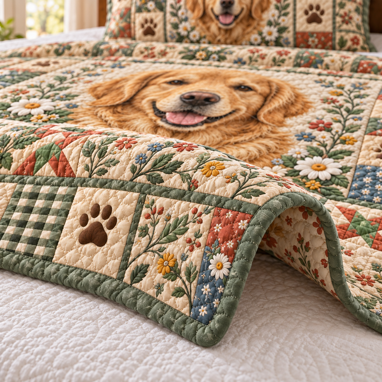 Golden Retriever Floral Patchwork Quilted Bedding 3 Piece Set