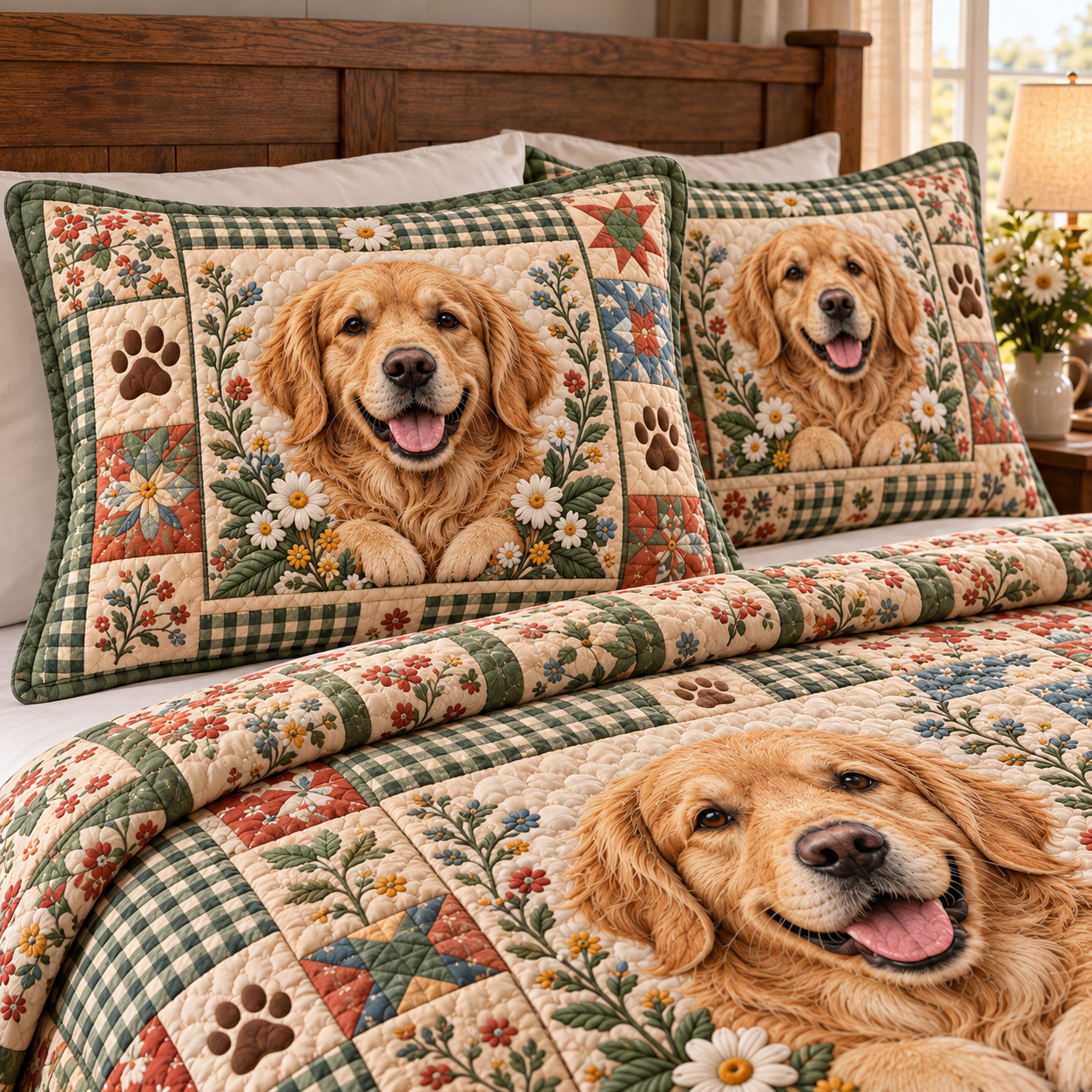 Golden Retriever Floral Patchwork Quilted Bedding 3 Piece Set
