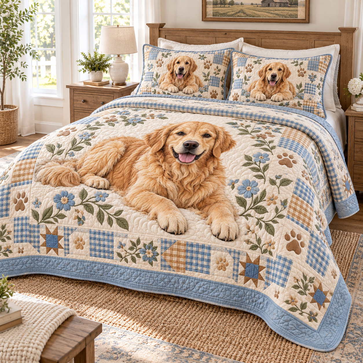Golden Retriever Blue Gingham Floral Patchwork Quilted Bedding 3 Piece Set