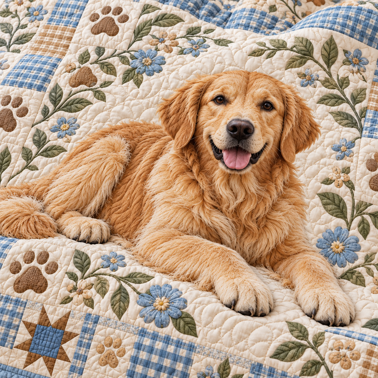 Golden Retriever Blue Gingham Floral Patchwork Quilted Bedding 3 Piece Set