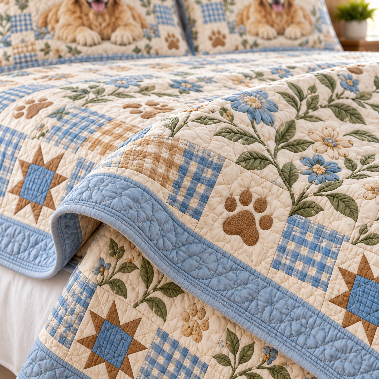 Golden Retriever Blue Gingham Floral Patchwork Quilted Bedding 3 Piece Set