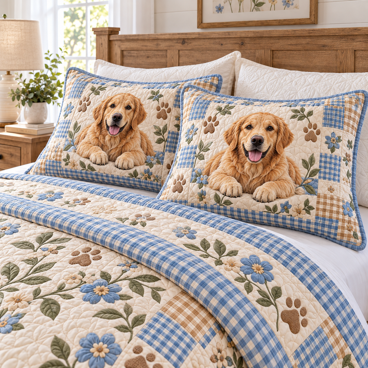 Golden Retriever Blue Gingham Floral Patchwork Quilted Bedding 3 Piece Set