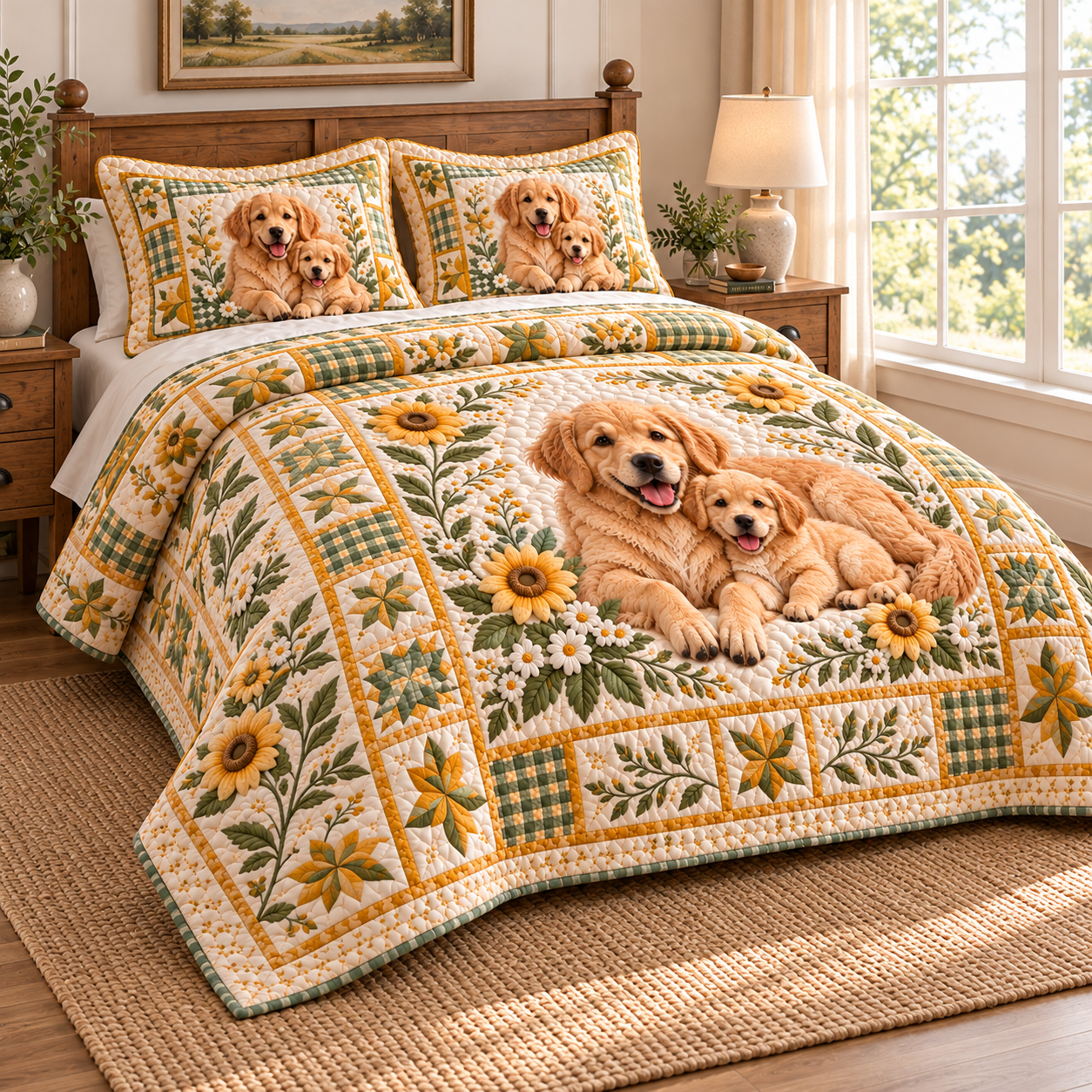 Golden Retriever Floral Patchwork Quilted Bedding 3 Piece Set