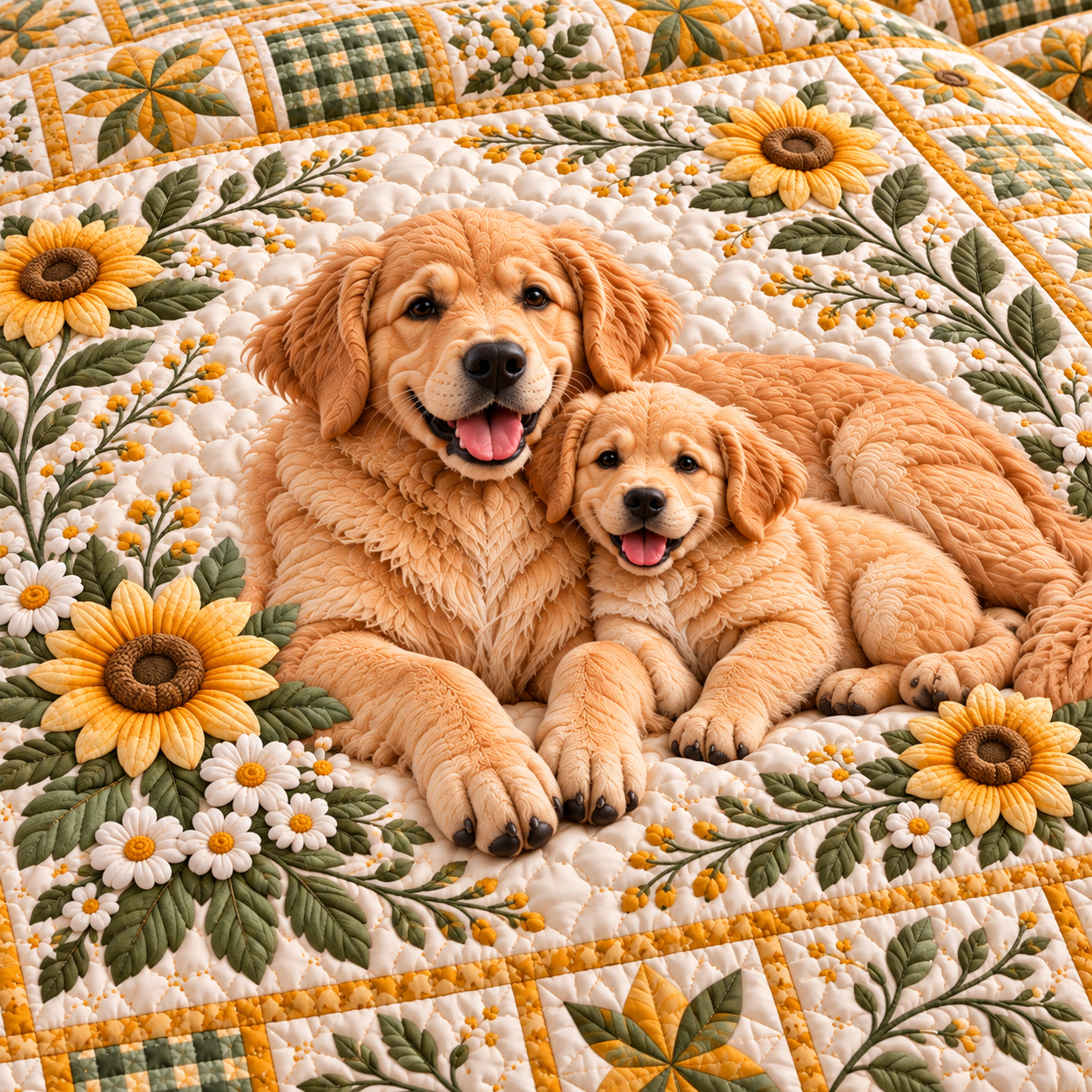 Golden Retriever Floral Patchwork Quilted Bedding 3 Piece Set