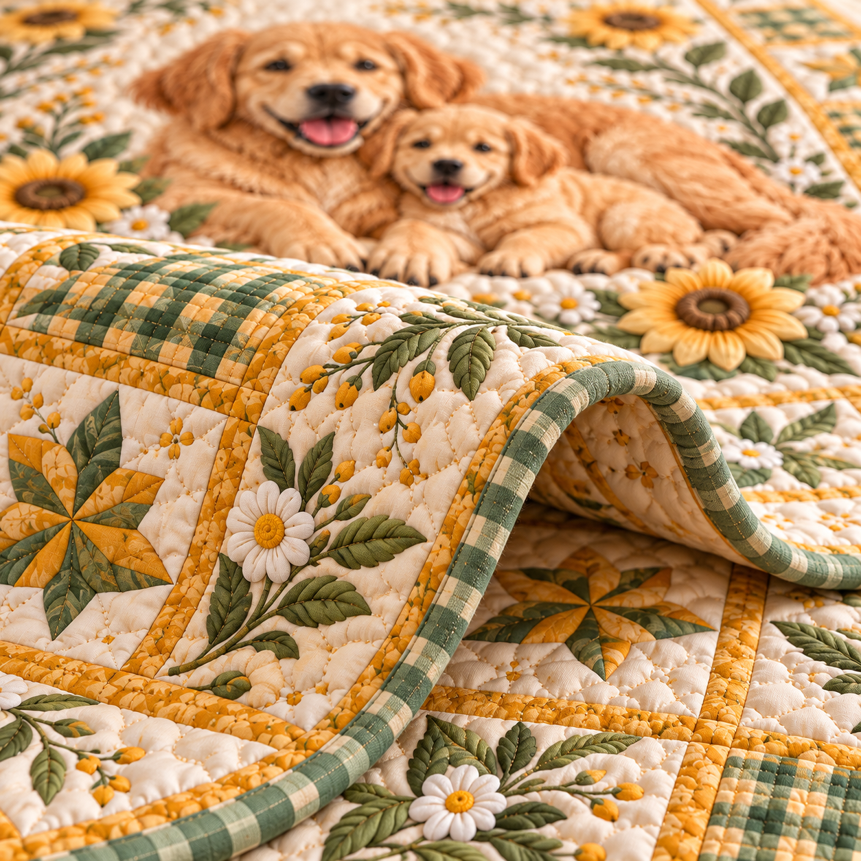 Golden Retriever Floral Patchwork Quilted Bedding 3 Piece Set