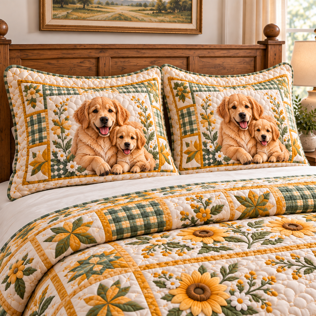 Golden Retriever Floral Patchwork Quilted Bedding 3 Piece Set