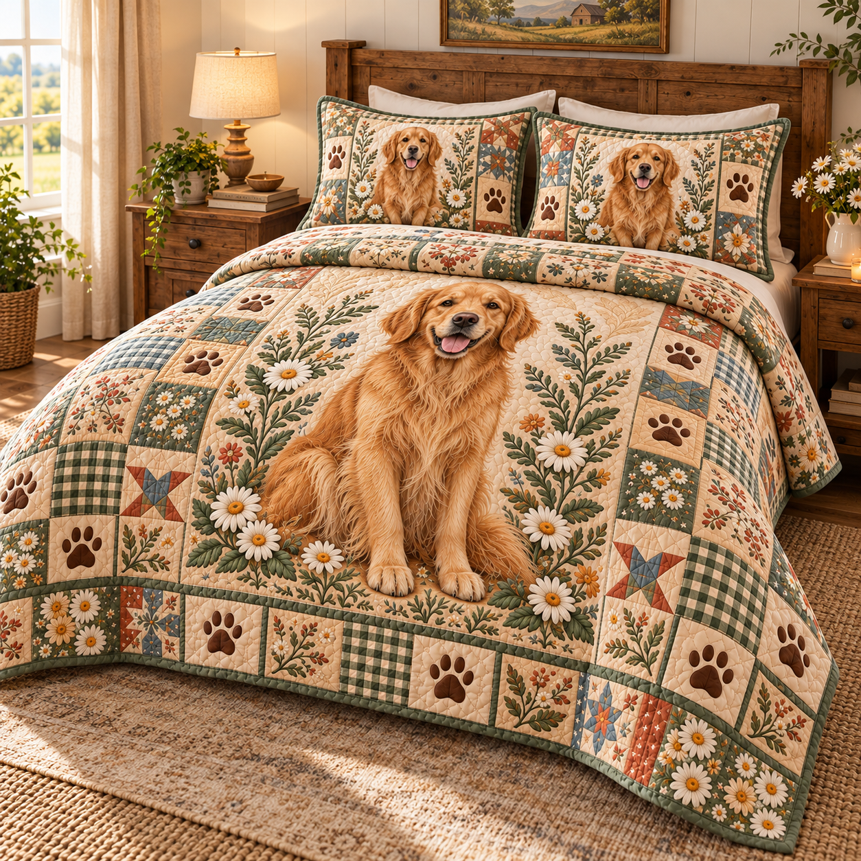 Golden Retriever Sage Green Daisy Patchwork Quilted Bedding 3 Piece Set