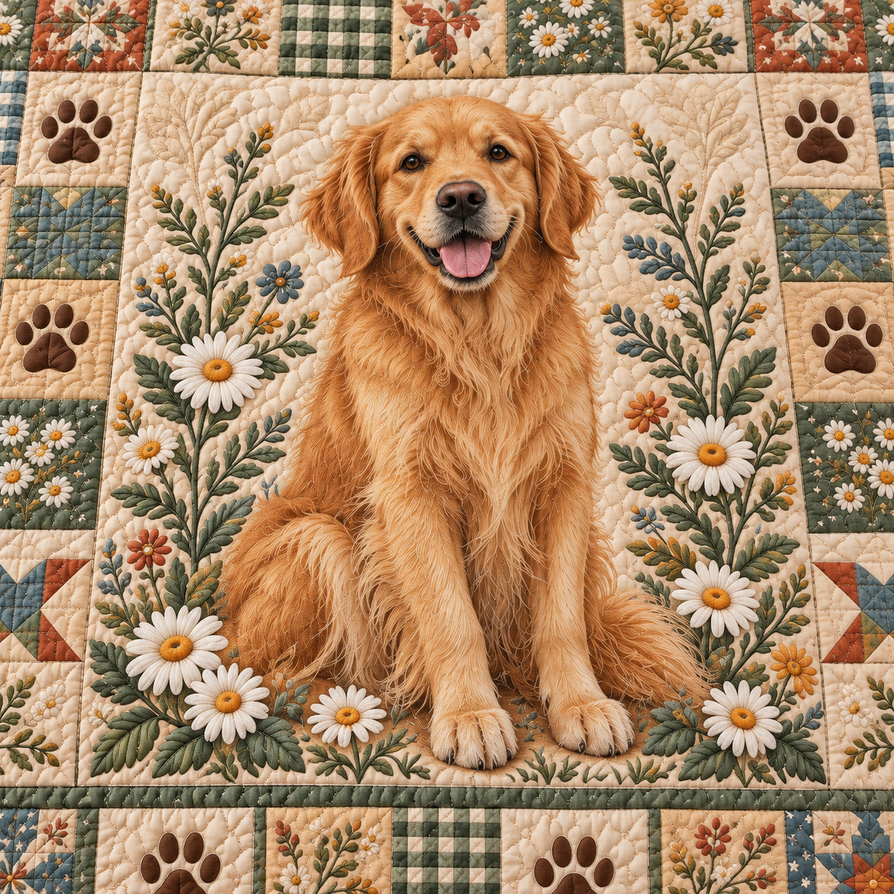 Golden Retriever dog portrait among daisies, paw prints, sage gingham and vintage quilt pattern