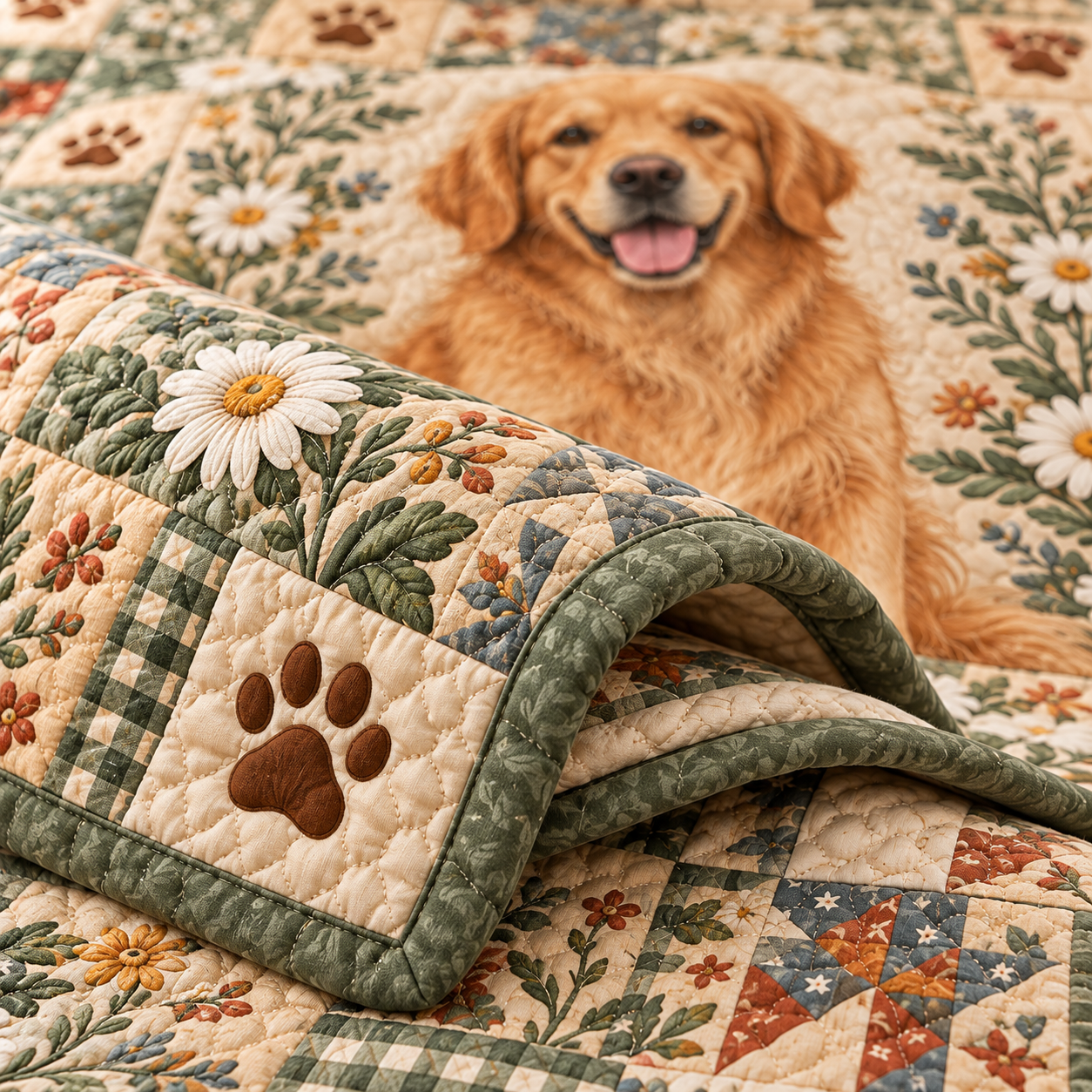 Golden Retriever Sage Green Daisy Patchwork Quilted Bedding 3 Piece Set