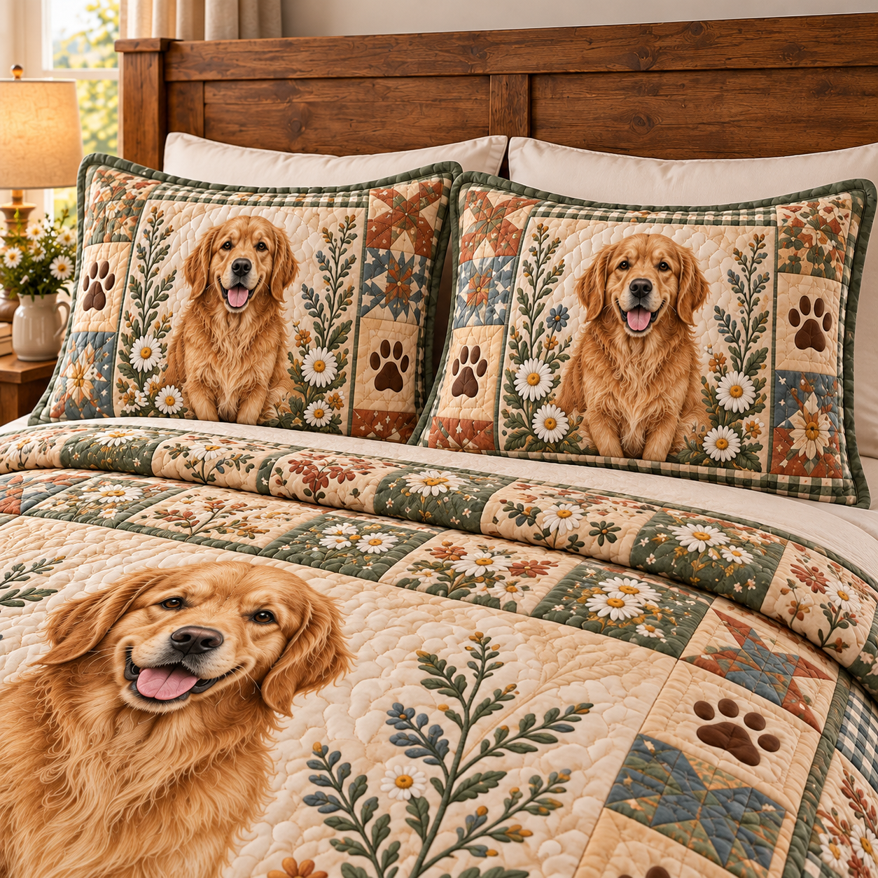 Coordinated Golden Retriever floral quilt with two matching pillow shams on farmhouse bed