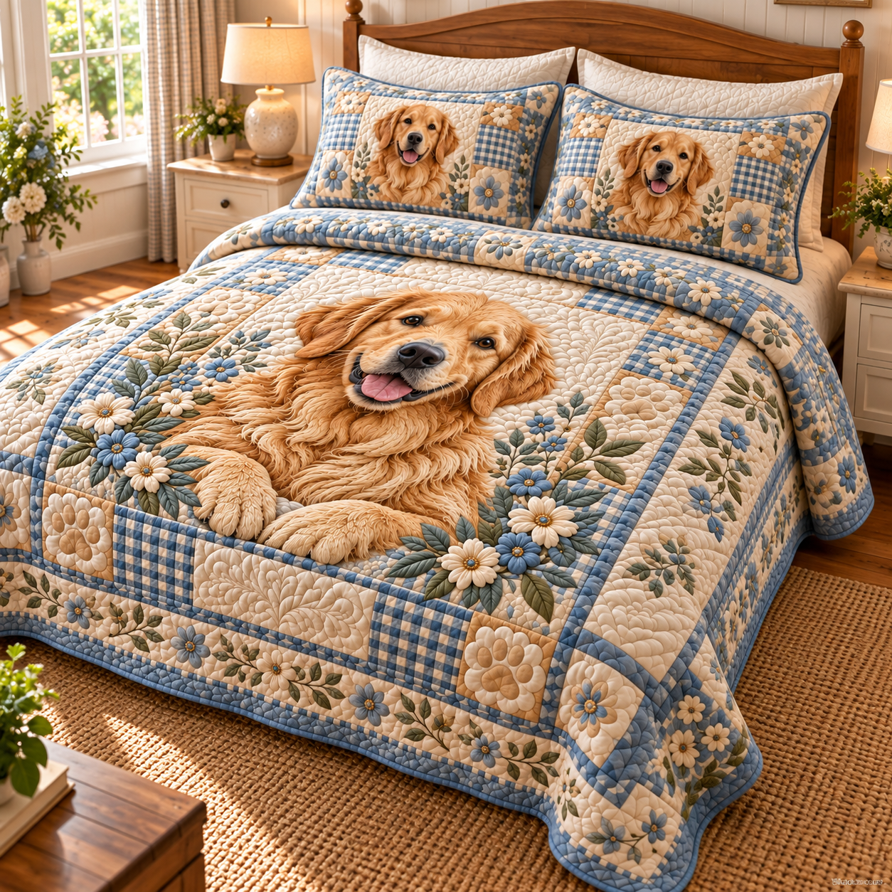 Golden Retriever Blue Gingham Daisy Patchwork Quilted Bedding 3 Piece Set
