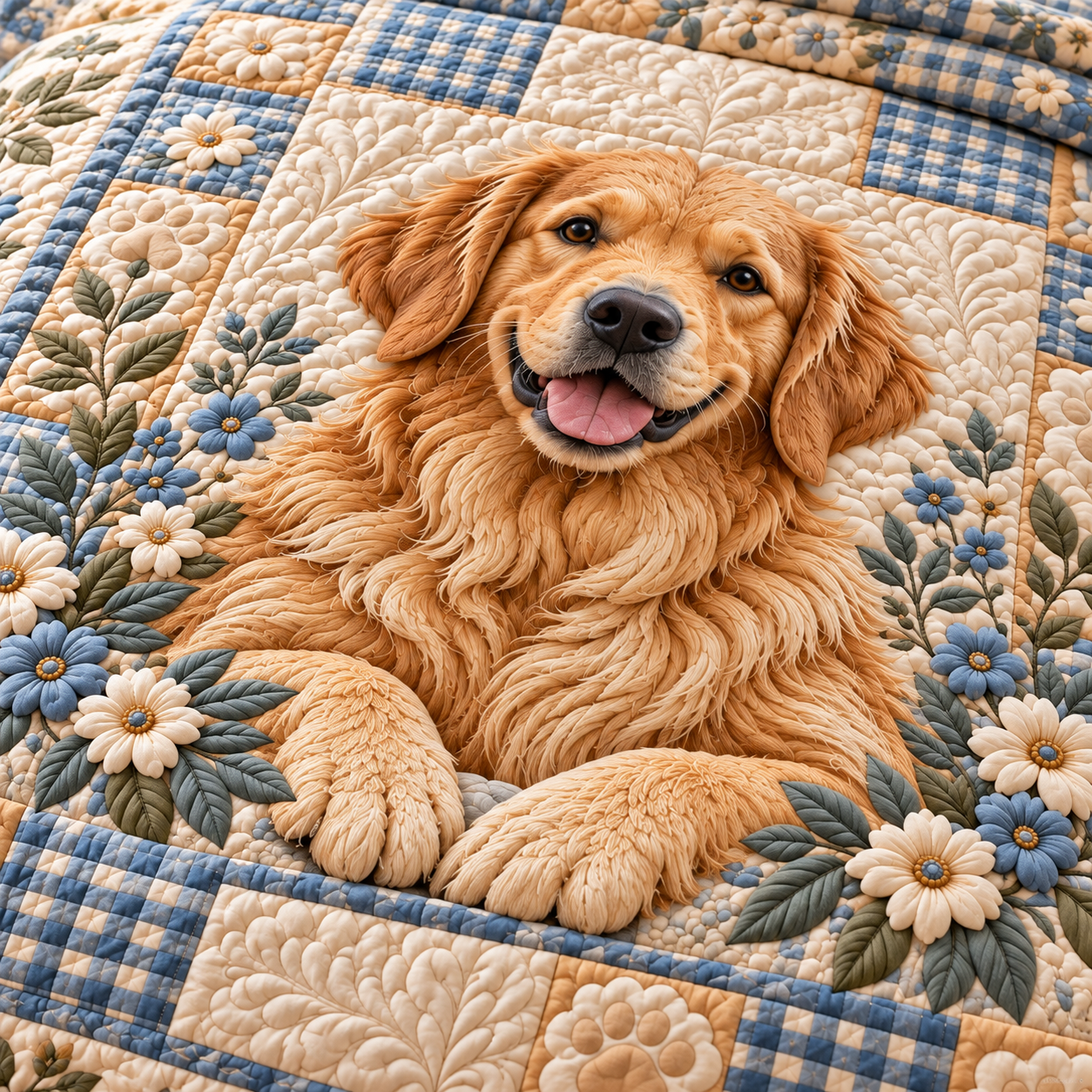 Golden Retriever Blue Gingham Daisy Patchwork Quilted Bedding 3 Piece Set