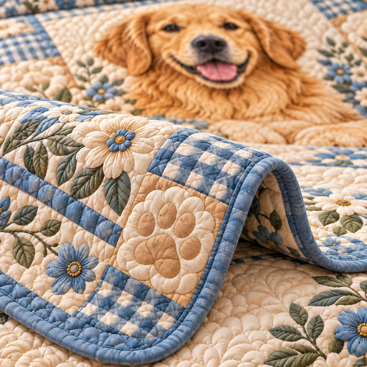 Golden Retriever Blue Gingham Daisy Patchwork Quilted Bedding 3 Piece Set