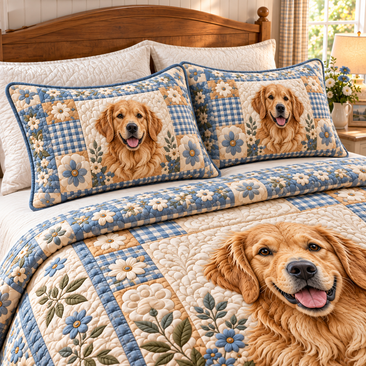 Golden Retriever Blue Gingham Daisy Patchwork Quilted Bedding 3 Piece Set