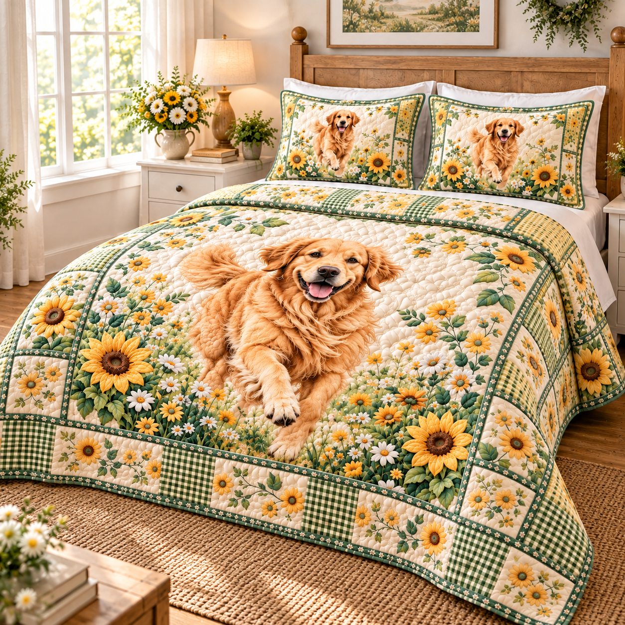 Golden Retriever Sunflower Green Gingham Quilted Bedding 3 Piece Set