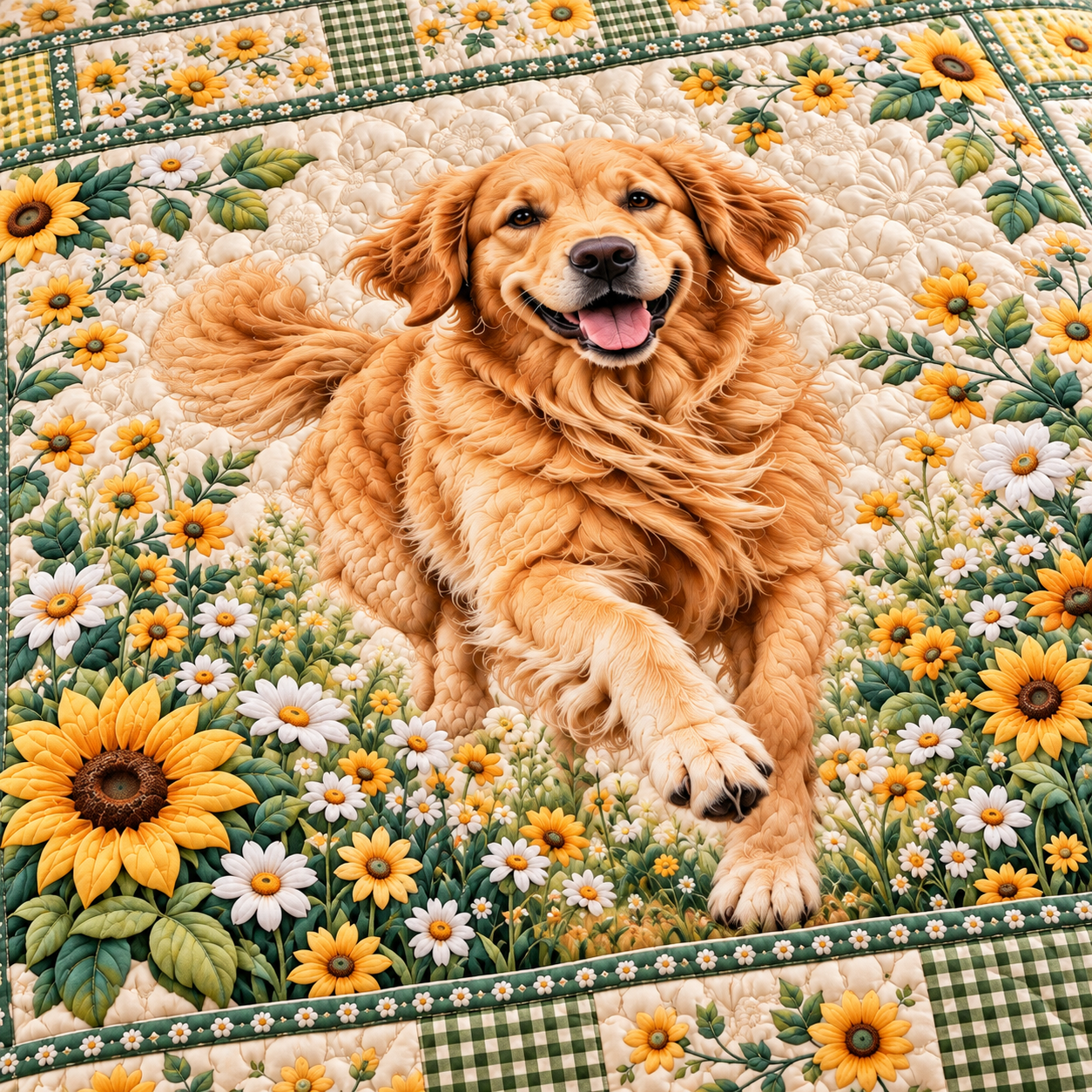 Golden Retriever Sunflower Green Gingham Quilted Bedding 3 Piece Set