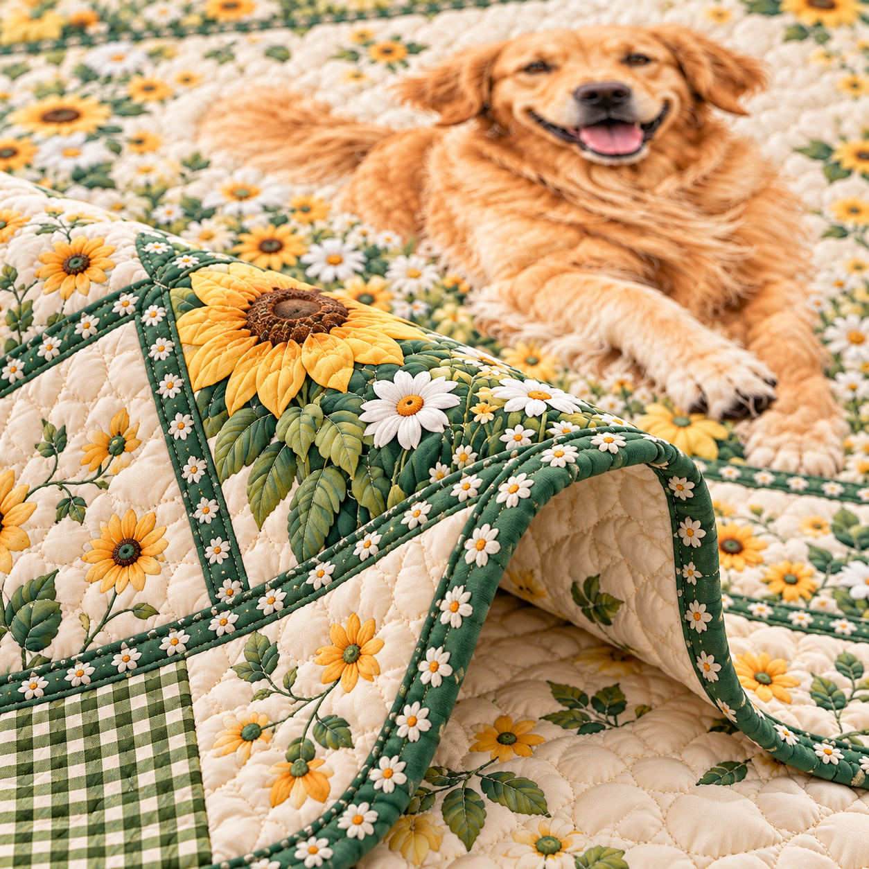 Golden Retriever Sunflower Green Gingham Quilted Bedding 3 Piece Set