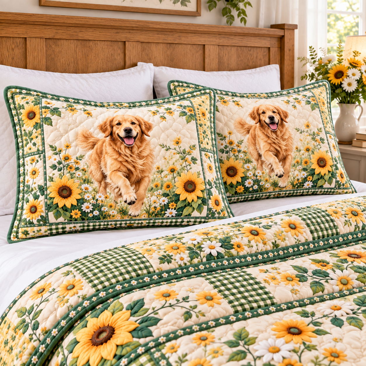 Golden Retriever Sunflower Green Gingham Quilted Bedding 3 Piece Set