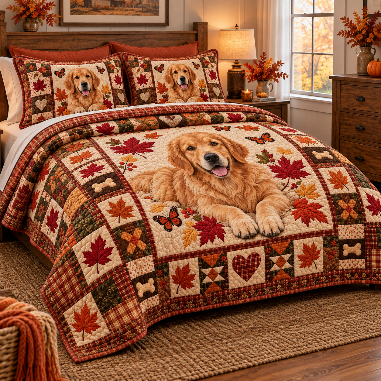 Golden Retriever Puppy Quilted Bedding 3 Piece Set